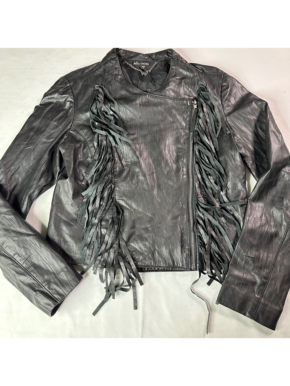 Ella Moss 100% Leather Asymmetrical Fringe Moto Jacket Black Small Western Rock